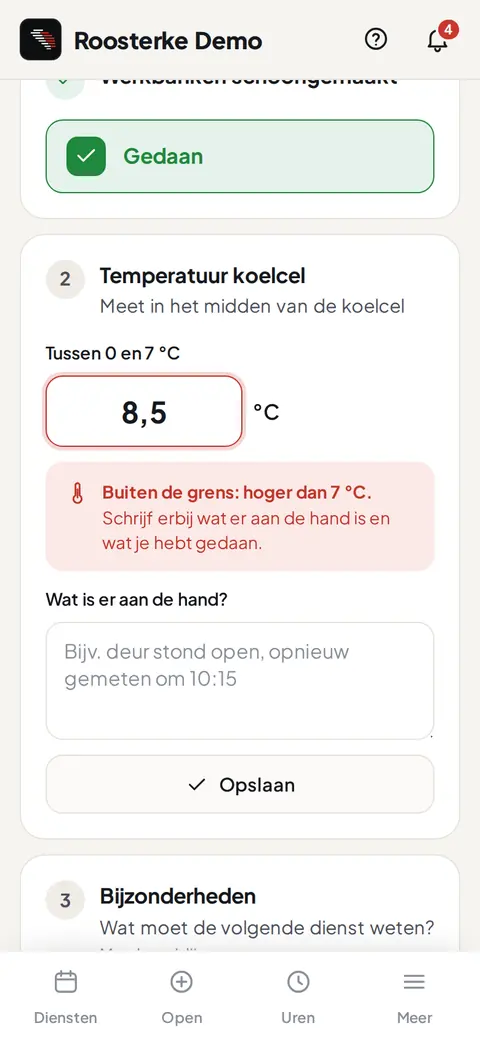 Een checklist in de app met een koelceltemperatuur buiten de grens