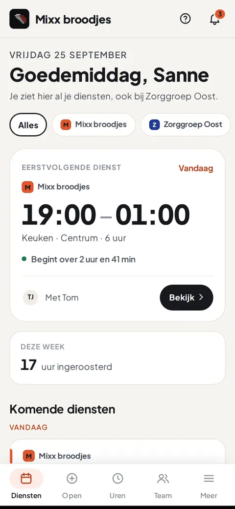 De app in de huisstijl van een voorbeeldbedrijf, lichte weergave