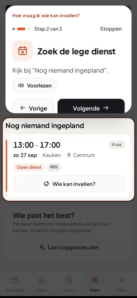 Een dienst waar nog niemand is ingepland, met de knop Wie kan invallen