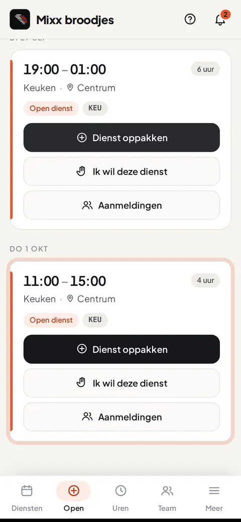 Open diensten in de app met de knoppen Dienst oppakken en Ik wil deze dienst