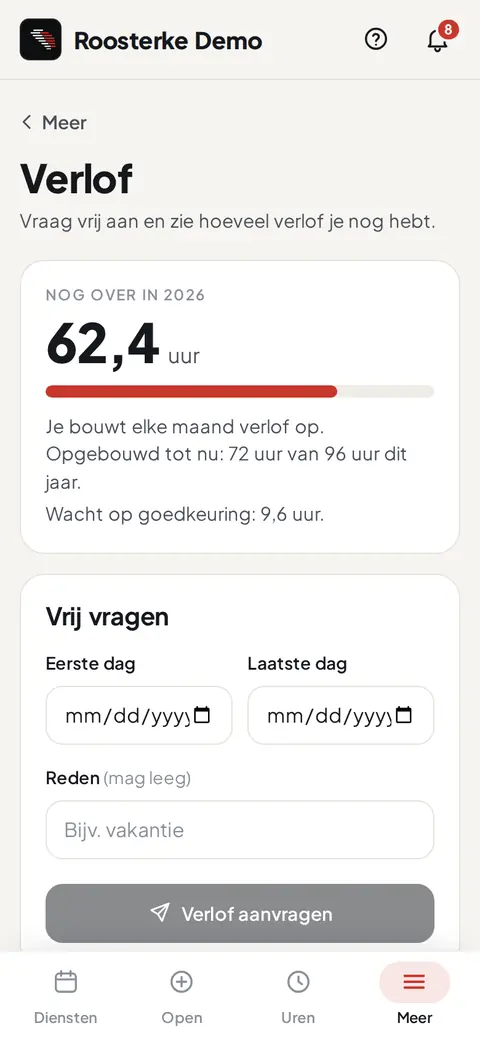 Het verlofsaldo in uren in de app